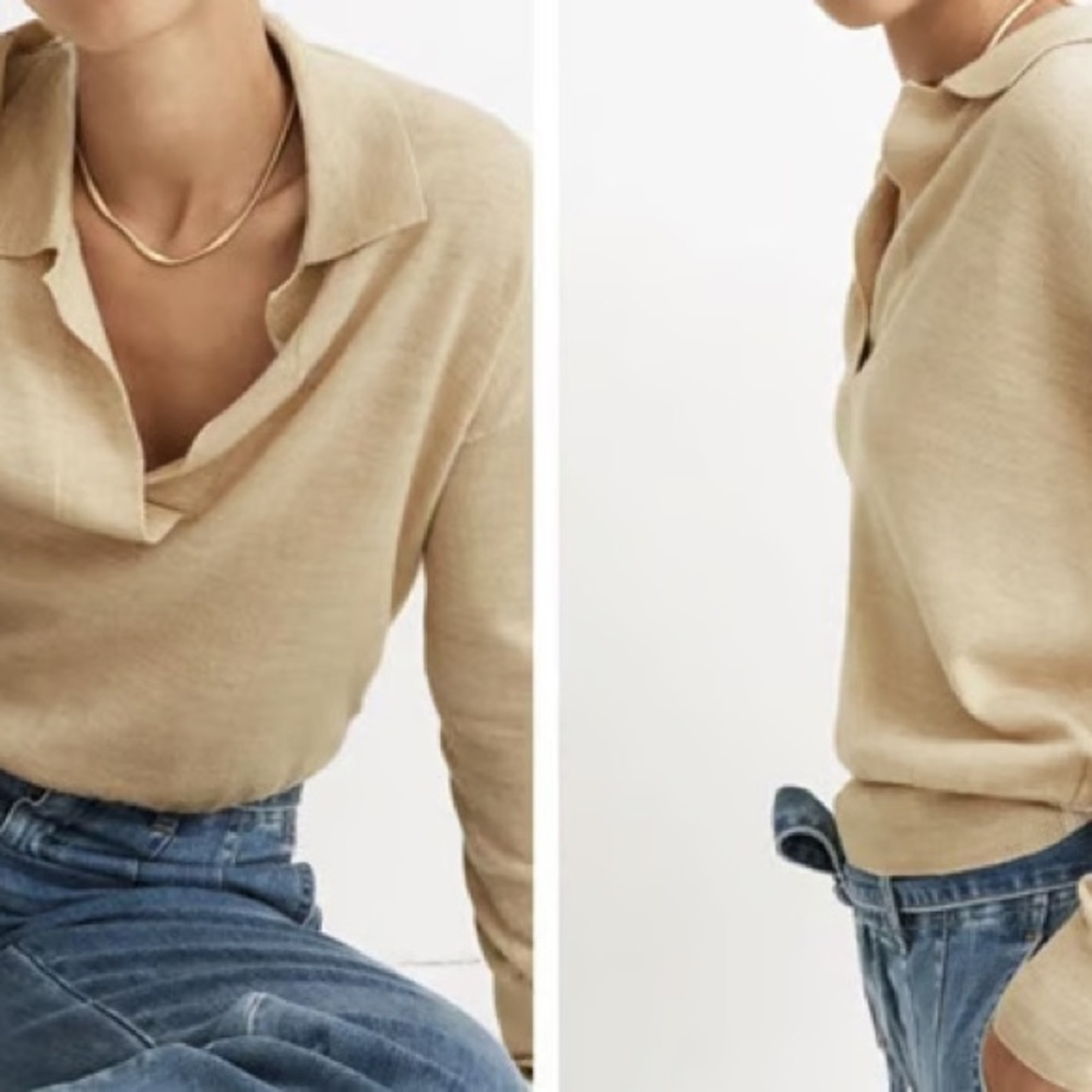 Madewell Merino Wool Polo Sweater XS Beige V Neck Long Sleeve Pullover - Picture 5 of 8